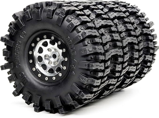 HOBBYSOUL 120mm Tall 1.9 Mud Slingers T8 Tires Tyres Mounted on Aluminum 1.9 Beadlock Wheels for 1/10 RC TRX4 SCX10 Gen8 Upgrades, (4-Pack, HS700570)