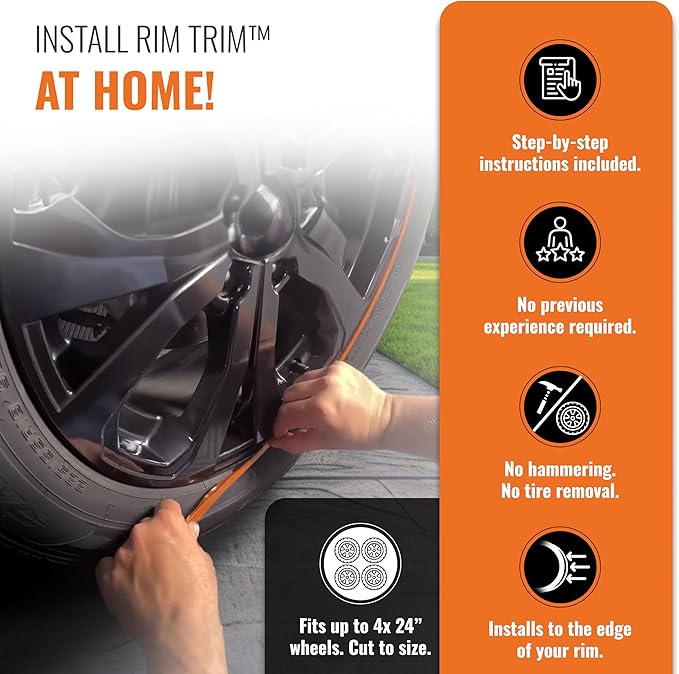 All-Fit Automotive Rim Trim – Durable DIY Car Exterior Accessories for Curb Rash Protection – Fits Up to Four 24” Wheels – Flexible, Durable Wheel Rim Protector (3/8″ width/Orange)
