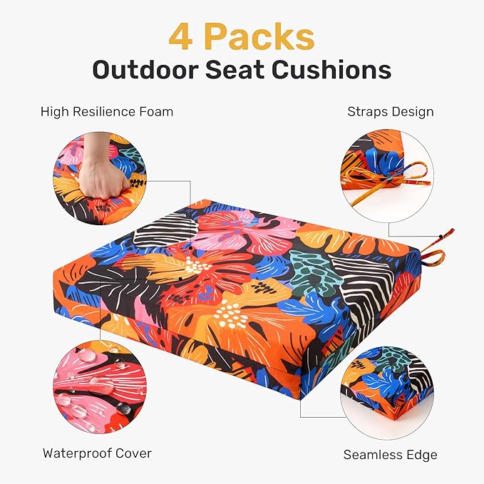 UNIKOME Outdoor Chair Cushions Pack of 4, Water Resistant Patio Cushions with Ties, High Density Sponge Filling Square Corner Seat Cushions for Outdoor Furniture, 24"*24"*4", Colored Flower