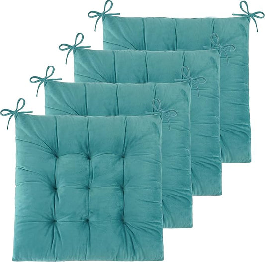 ELFJOY Chair Cushions for Dining Chairs Set of 4 Kitchen Seat Cushions Indoor Velvet Seat Pad with Ties for Dining Office Living Room (18" x 18", Green)
