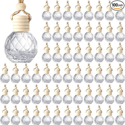 BBTO 100 Pcs Car Air Fresheners Diffuser with Wooden Cap Empty Aromatherapy Diffuser Clear Car Fragrance Holder Pendant Hanging Perfume Fresheners Bottles for Decor(Round Diamond,Clear)