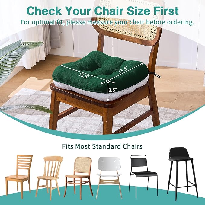 BETU Chair Cushions for Dining Chairs Set of 4,3.5" Thick Kitchen Table Chair Pads with Ties,Non Slip Backing and Covers, Seat Cushion for Dining Room,Bar,Patio Chairs,15.5"X15.5"X3.5",Dark Green
