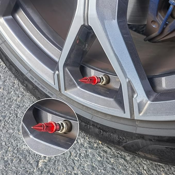SINGARO 45mm Spiked Aluminum Stem Valve Caps,4PCS Dustproof Tire Wheel Stem Caps for Cars,SUVs,Trucks Bicycles and Motorcycles(Red)