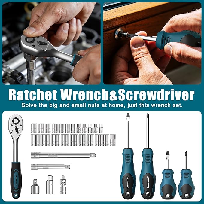 328 Piece Tool Kit For Home,Hand Repair Tool Set,Toolbox Storage Case with Drawer,General Household/Auto Tool Set,Perfect for Homeowner, DIY, Handyman (Blue and black)