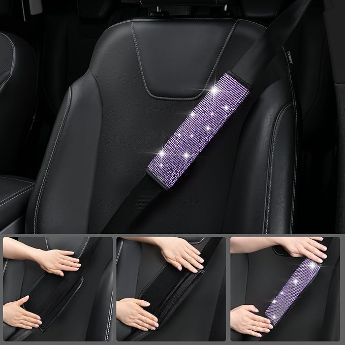 CAR PASS Bling Diamond Leather Car Seat Covers 11 PCS, Sparkly Rhinestone Steering Wheel Cover Glitter Cute Interior Car Accessories Sets Seat Belt Cushion Cup Holder Coaster Women Girl, Violet Purple