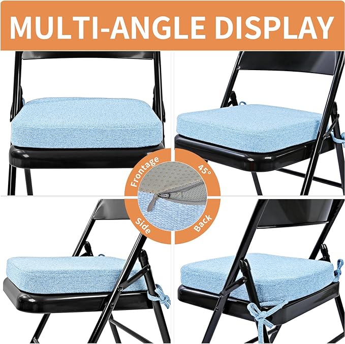 SINOSSO Memory Foam Chair Cushions for Folding Chairs 4 Pack, Thickened 2" Square Pads with Ties for Kitchen Chairs, Indoor Non-Slip Dining Chair Seat Cushions (Set of 4, Water Blue)