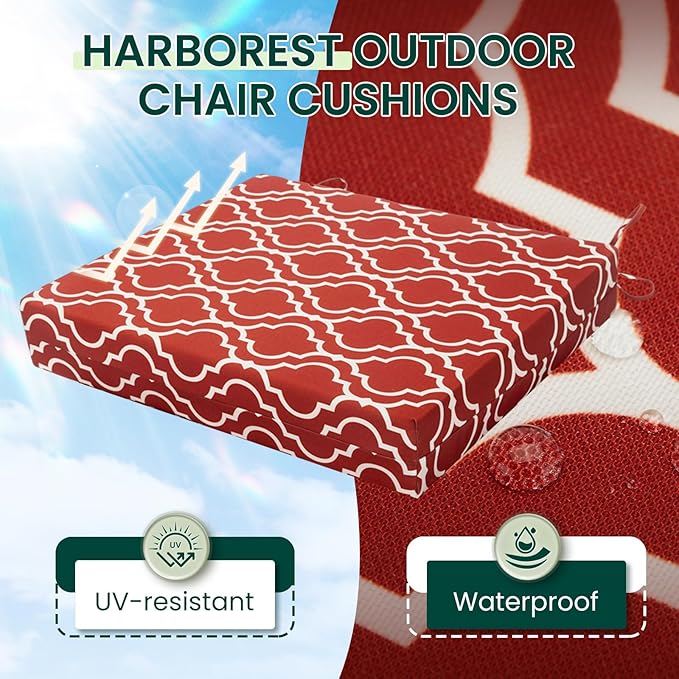 HARBOREST Outdoor Chair Cushions Set of 4, Water Resistant Patio Chair Cushions with Ties, Square Corner Outdoor Seat Cushions for Patio Furniture, 18.5"x16"x3", Wine Red Geometry