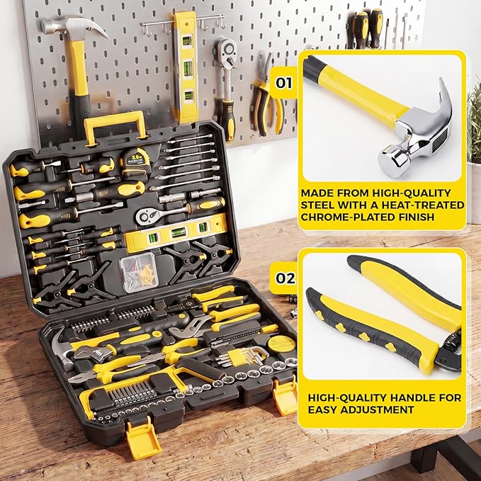 KELIN 155-Piece Household Hand Tool Set with Toolbox, Portable Home Repair Tool Kit for Garage, Car, DIY – Includes Ratcheting Screwdriver, Sockets, Pliers, Hammer, Level, Tape Measure & More