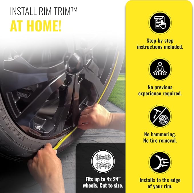All-Fit Automotive Rim Trim – Durable DIY Car Exterior Accessories for Curb Rash Protection – Fits Up to Four 24” Wheels – Flexible, Durable Wheel Rim Protector (3/8″ width/Yellow)