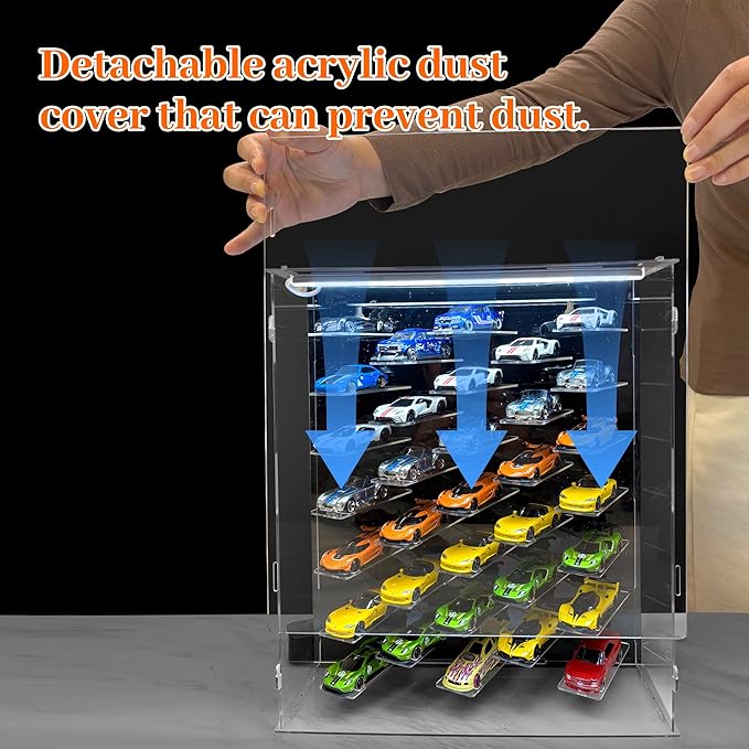 Acrylic Display & Storage Case for 1:64 Scale Diecast Cars - Wall Mountable/Tabletop 3D Showcase with LED Lights & Acrylic Dustproof Cover - Maximum 40 Toy Cars - Ideal Gifts for Collector （Black）