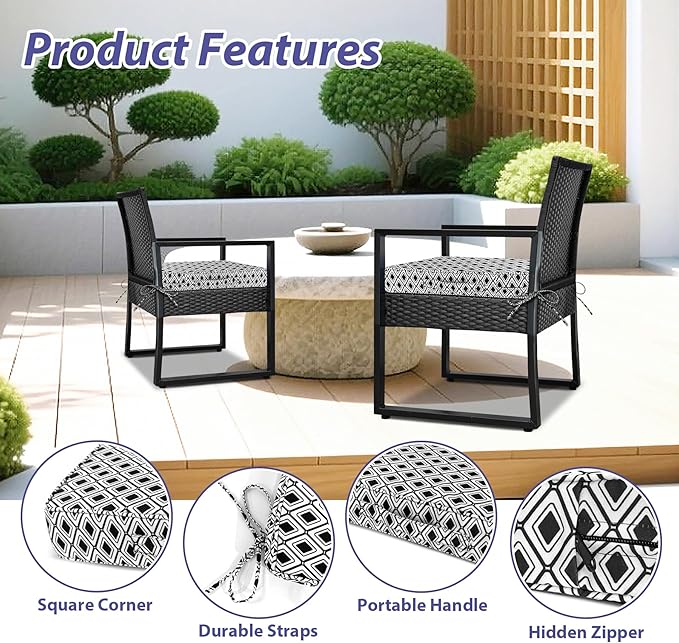IPYNBAP Outdoor Chair Cushions Set of 4 -Waterproof Outdoor Seat Cushions for Patio Furniture, Patio Chair Cushion with Handle and Ties, Out Door Chair Pads,17x16x2-Square, Black Geometry
