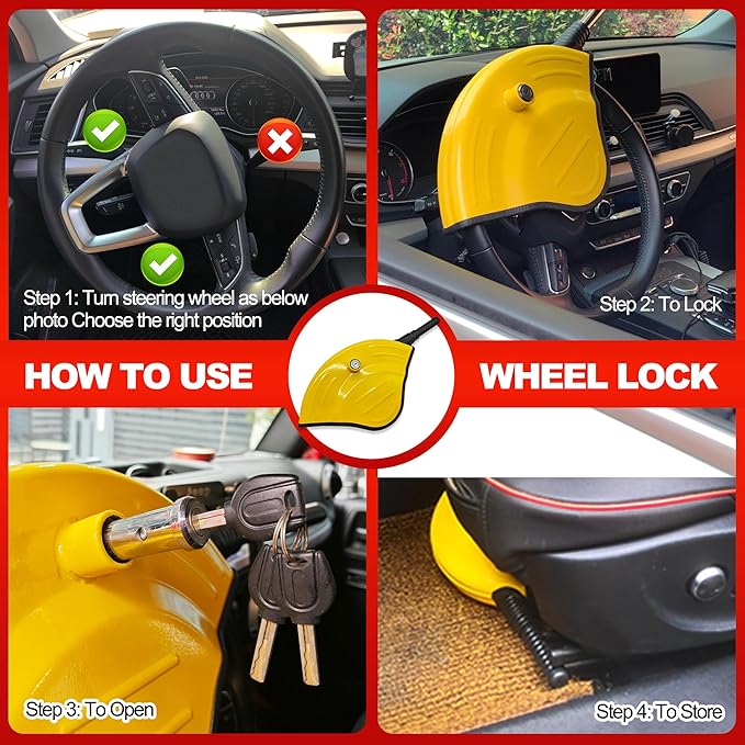 KAYCENTOP Universal Steering Wheel Lock Anti-Theft Car Devices Half Cover, Security Wheel Locks for Car, Adjustable Car Wheel Lock Fit Most Vehicle, Great Deterrent Yellow