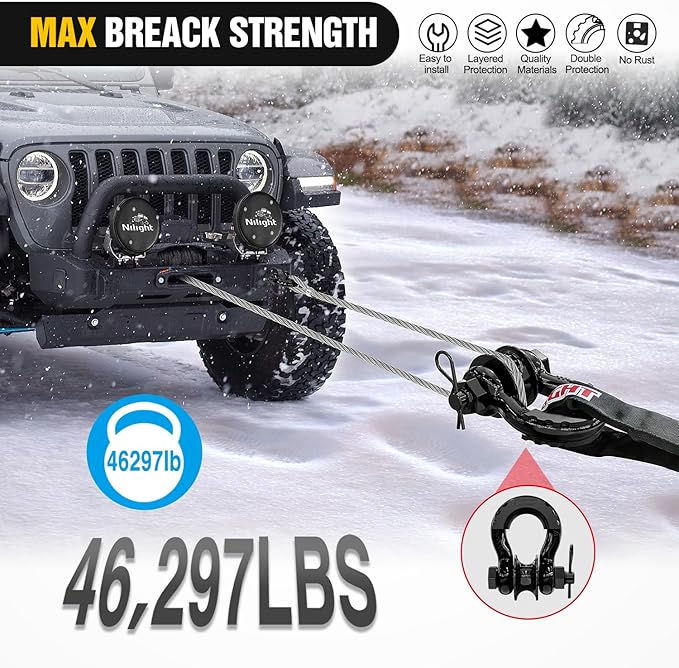 Nilight 3/4" D-Ring Shackle w/Snatch Block (2 Pack) 9,500 lb Working Load, 2-in-1 Heavy‑Duty Towing Pulley w/Isolator for Off‑Road Recovery, Winch Cable & Rope, Truck Jeep ATV UTV Tractor, Black