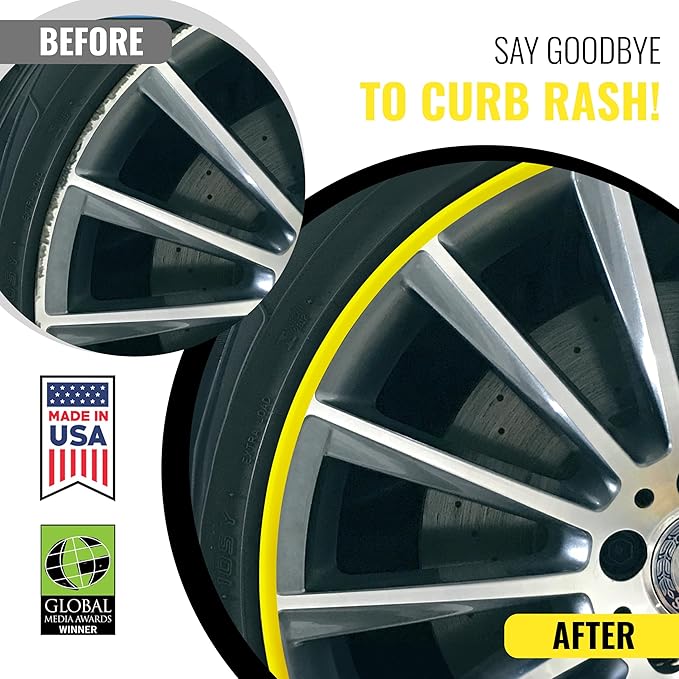 All-Fit Automotive Rim Trim – Durable DIY Car Exterior Accessories for Curb Rash Protection – Fits Up to Four 24” Wheels – Flexible, Durable Wheel Rim Protector (3/8″ width/Yellow)