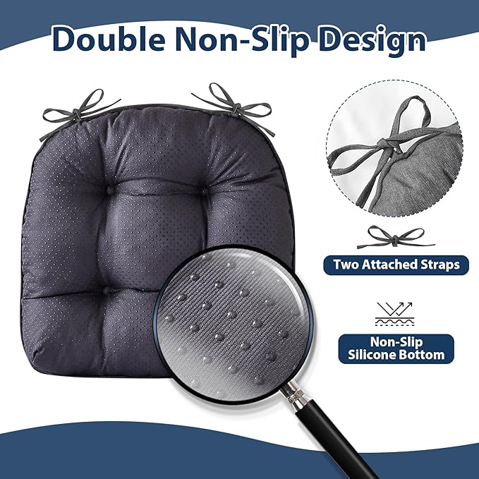 IASEAHK Chair Cushions for Dining Chairs, Seat Cushions for Kitchen Chairs, Indoor Seat Cushions with Ties, Tufted Foam Chair Pads, Non Slip Chair Cushions Set of 6, 15.5" x 15.5" x 4", Dark Grey