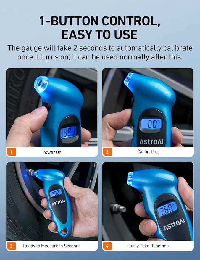 AstroAI Digital Tire Pressure Gauge 0-150PSI Calibrated to ANSI B40.7 +/-1PSI, Accurate in 0.1 Increments, 4 Units for Car Truck Bicycle with Backlight LCD, Blue