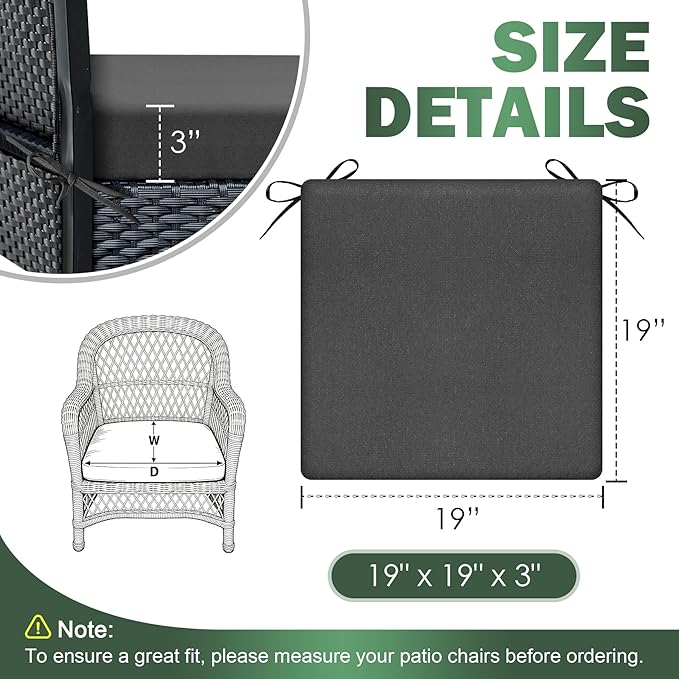 Outdoor Chair Cushions Set of 2, 19x19x3 Inch Waterproof & Fade Resistant Patio Furniture Seat Cushions with Ties, Square Outdoor Dining Chair Cushions for Lawn, Garden, Deck & Yard, Dark Grey