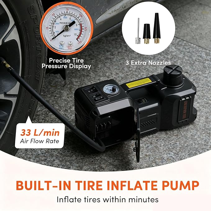 Electric Car Jack Kit 5 Ton 12V Floor Jack Portable Hydraulic Car Jack with Impact Wrench and Tire Inflator Pump for SUV Sedans Tire Change with LED Light, Lifting Height 6 to 17.7 Inch(Black)