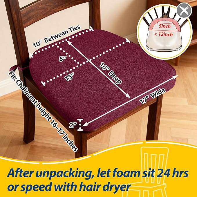 AAAAAcessories D-Shaped Chair Cushions, 2" Thick Dining Chair Pads with Ties and Removable, Machine-Washable Cover, 17" x 16", Set of 6, Wine Red