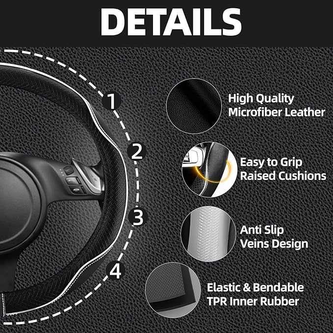 NBTEPEM 6 PCS Car Steering Wheel Cover Set, Microfiber Leather Steering Wheel Covers Universal 14.5-15 inch, Center Console Cover, Seat Belt Cushion, Cup Holder Coaster, Car Accessories Set White