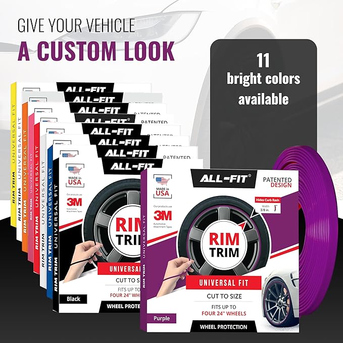 All-Fit Automotive Rim Trim – Durable DIY Car Exterior Accessories for Curb Rash Protection – Fits Up to Four 24” Wheels – Flexible, Durable Wheel Rim Protector (3/8″ Width/Purple)