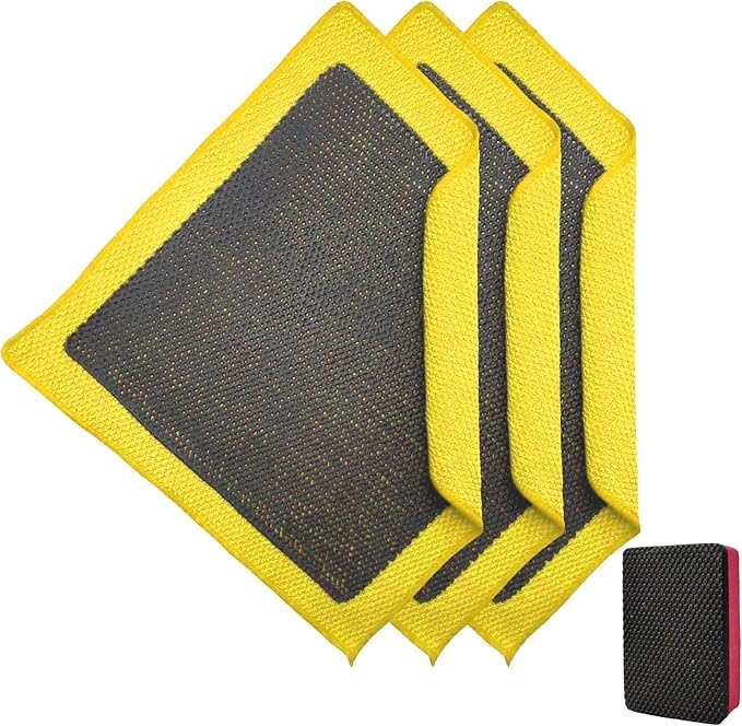 Upgrade Clay Towels and Pad Set 4PCS - Perforated Synthetic Decontamination Towel for Car Detailing, Cleaning & Release of Paint Contaminants, 3pcs Clay Bar Towels 12x12 Yellow, & 1pcs Red Pad