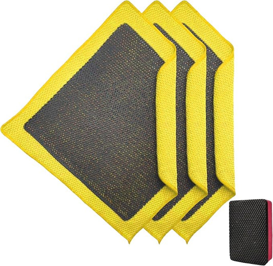Upgrade Clay Towels and Pad Set 4PCS - Perforated Synthetic Decontamination Towel for Car Detailing, Cleaning & Release of Paint Contaminants, 3pcs Clay Bar Towels 12x12 Yellow, & 1pcs Red Pad