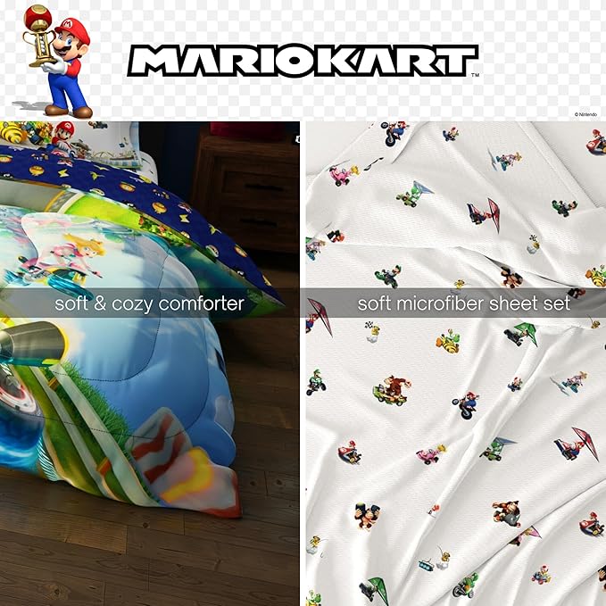 Super Mario Kart Game Kids Bedding Set, Twin Size, 4-Piece Super Soft Cozy Reversible Comforter & Sheet Set (Officially Licensed Product) by Franco | Durable, Reversible, Officially Licensed