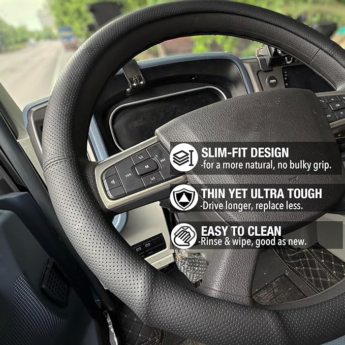 PINCTROT XL 17.5-18in Nappa Leather Supported Grip Steering Wheel Cover for Semi Truck, Fits RV, Big Rig Trucker, 18 Wheeler and Classic Cars, Anti-Slip Slim Perforated Design 17.5-18 Inch (Black)
