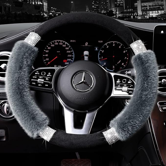 Achiou Rhinestone Fluffy Steering Wheel Cover - Comfortable Non-Slip Luxury Faux Wool, Universal Fit for 14.5" to 15" Steering Wheels