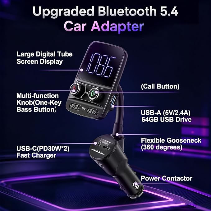 Upgraded Bluetooth FM Transmitter, Wireless Radio Adapter Hands Free Car Kit with 1.7'' Display, QC3.0 and Smart 2.4Amp Dual USB Ports, AUX Input/Output, TF Card Mp3 Player (Black,Pd 30W)
