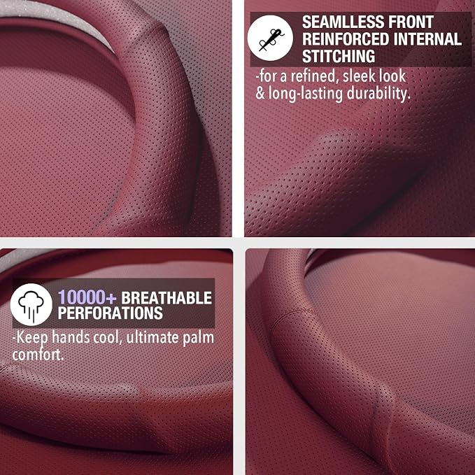PINCTROT D Shaped Nappa Leather Steering Wheel Cover with Ergonomic Palm Support Grip, Full Perforated Breathable, Slim Fit No Bulk Design, Flat Bottom 14.5-15 Inch (Burgundy Red)