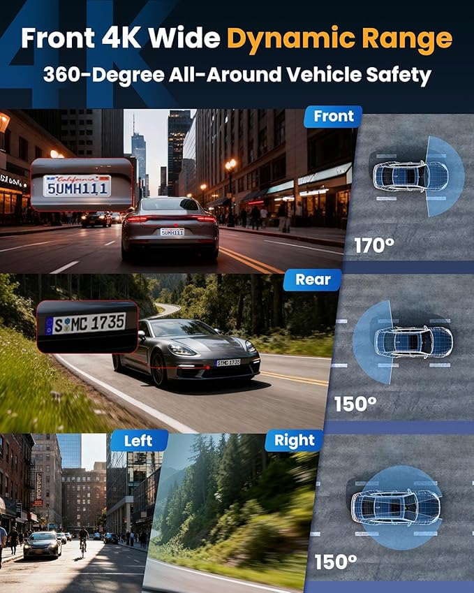 4 Channel 360° Dash Cam Front Rear Inside and Left Right, 4K+1080P*3 FHD Car Camera, 5GHz WiFi and App Control, 24H Parking Mode, 8 IR Lamps Night Vision, Includes 64GB SD Card, Black
