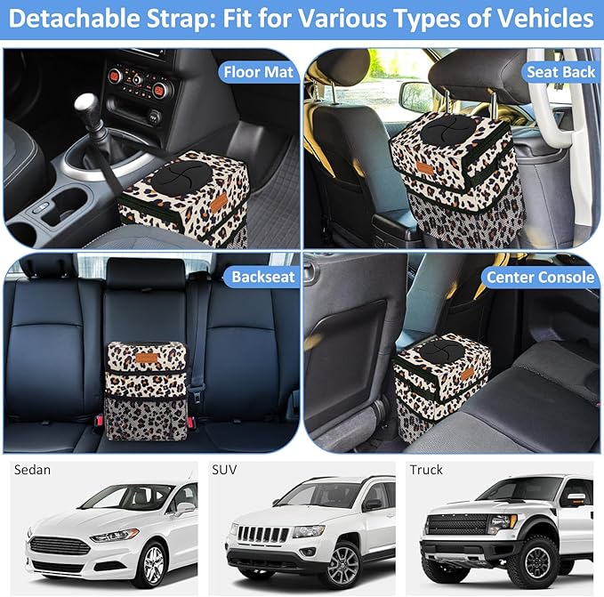 ELONGRIVER Car Trash Can Bin for Back Seat Leak Proof, Cute Car Trash Bag Hanging, Vehicle Trash Can for SUV Truck Van, Automotive Garbage Cans Front Seat Leopard Print, 2 Gallons