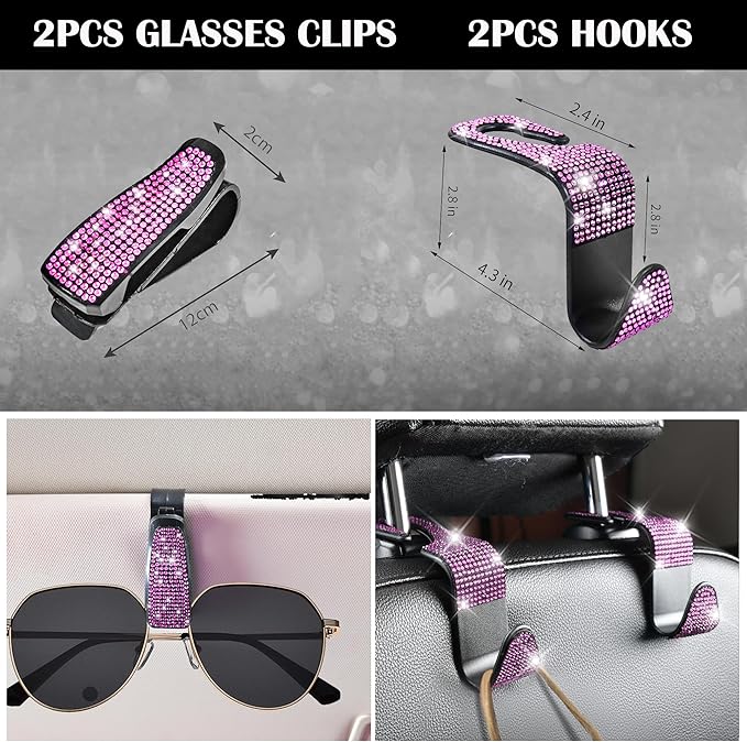 CAR PASS 11 PCS Bling Diamond Car Accessories Set for Women, Sparkly Rhinestone Steering Wheel Cover, Bling Seat Belt Cushion, Shift Knob Cover, Push Start Button Ring, Cup Holder Coaster, Black Pink