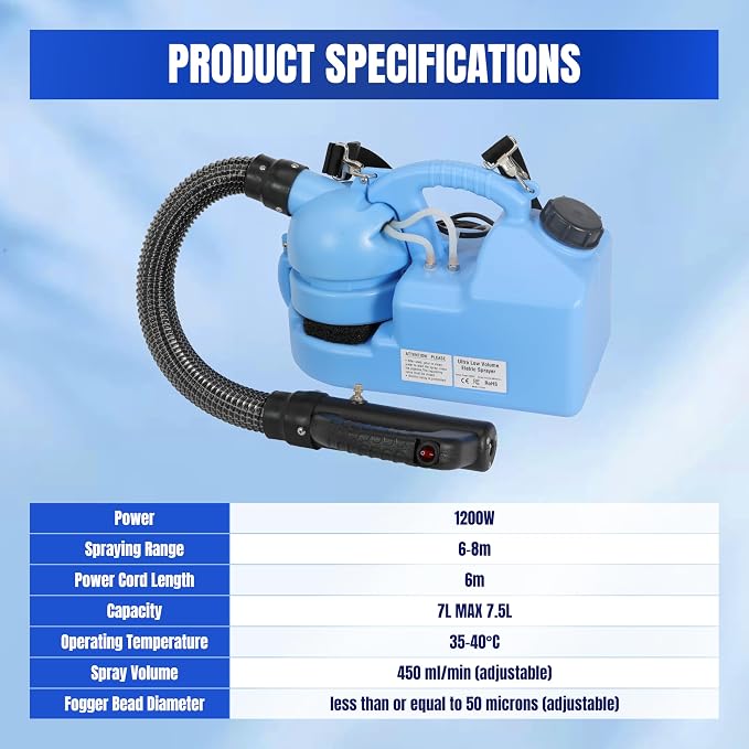 ULV Fogger Machine 7L (1.85 Gallon) Electric Portable Fogger Sprayer Ultra-Low Volume Atomizer for Indoor Outdoor Use in Home, Yard, Garden, Patio, and Large Spaces (7L Spray Machine-1Pack)
