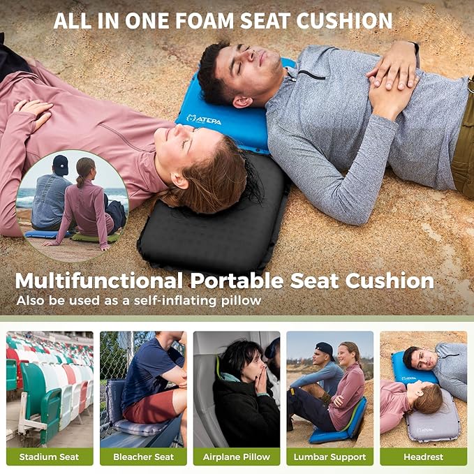 ATEPA Inflatable Seat Cushion, Compact Self-Inflating Seat Cushion for Stadium Airplane Air Travel Bleacher Camping, Blow Up Foam Seat Pad for Outdoor Sports Events Backpacking Hiking Sitting