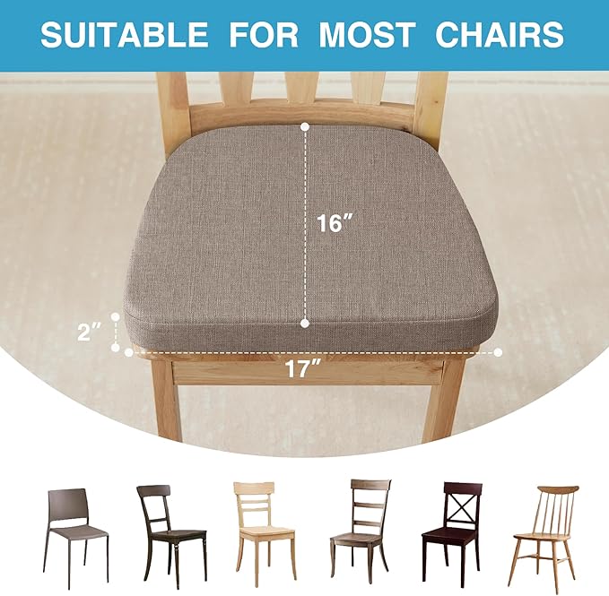IASEAHK Chair Cushions for Dining Chairs Set of 4, Non Slip Kitchen Chair Pads, 17" x 16" x 2", Indoor Dining Chair Cushions with Ties, D-Shaped Seat Cushions for Kitchen Chairs, Light Brown
