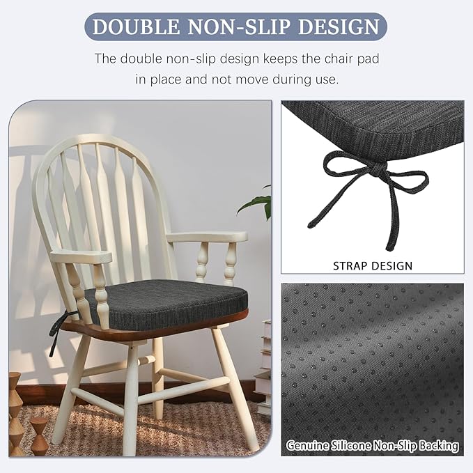 baibu Kitchen Chair Cushions Set of 2, Dual-Layer Patented Design Memory Foam Dining Chair Pads with Ties and Washable Cover, 2 Pack, 17" x 16" x 2", Black