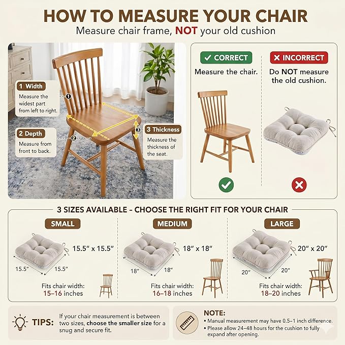 BETU Chair Cushions for Dining Chairs Set of 4,3.5" Thick Kitchen Table Chair Pads with Ties,Non Slip Backing and Covers, Seat Cushion for Dining Room,Bar,Patio Chairs,15.5"X15.5"X3.5",Beige