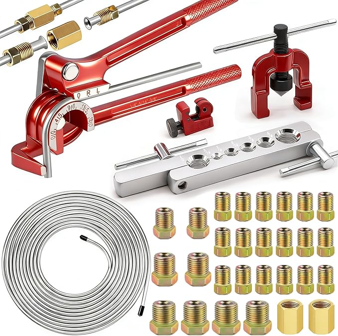 smseace 26Pack 3/16 Inch Brake line kit Include 25 FT Zinc-Plated Brake Lines with Fitting(16pcs Fittings,2pcs Union+4pcs Nut) Brake line Bender,Single Flare Tool,Cutter 3/16 Inch Brake line kit
