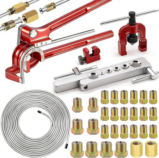 smseace 26Pack 3/16 Inch Brake line kit Include 25 FT Zinc-Plated Brake Lines with Fitting(16pcs Fittings,2pcs Union+4pcs Nut) Brake line Bender,Single Flare Tool,Cutter 3/16 Inch Brake line kit
