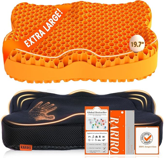 Gel Seat Cushion for Long Sitting(Enlarged&Thickened), Cooling Pressure Relief Seat Cushion for Wheelchair, Driving, Kayak, Office Desk Chair Seat Pad Gel for Heavy People[Orange-19.7" Large]