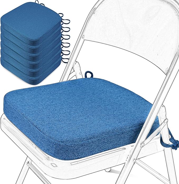 SINOSSO Memory Foam Chair Cushions for Folding Chairs 6 Pack, Thickened 2" Square Pads with Ties for Kitchen Chairs, Indoor Non-Slip Dining Chair Seat Cushions (Set of 6, Blue)