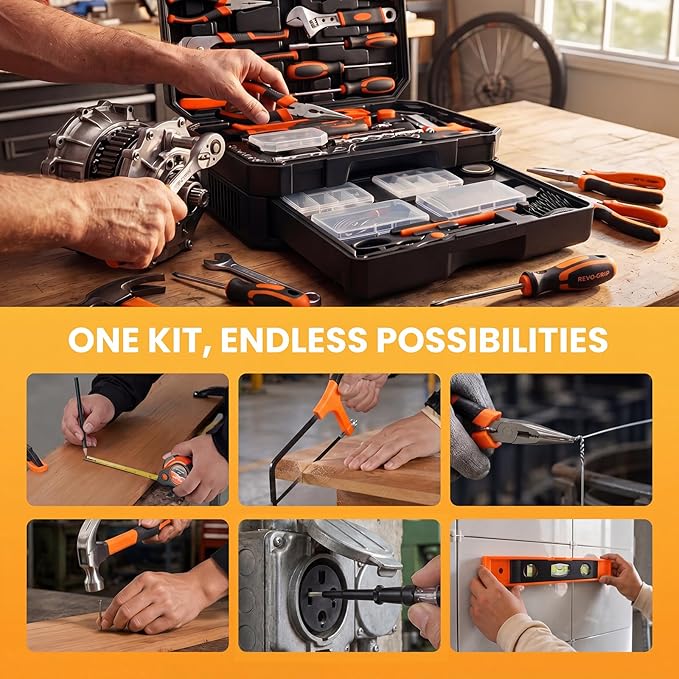 NEWBULIG 330-Piece Complete Tool Box Set, Durable Homeowners Tool Kit with Pull-Out Drawer, Versatile Home Repair Tool Kit for Auto & Household, DIY Projects, Yellow