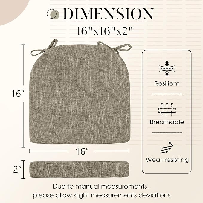 Basic Beyond Chair Cushions for Dining Chairs 6 Pack, Kitchen Chair Cushions with Ties and Non Slip Backing, 16 x 16 inches Chair Pads for Dining Chairs (Khaki)