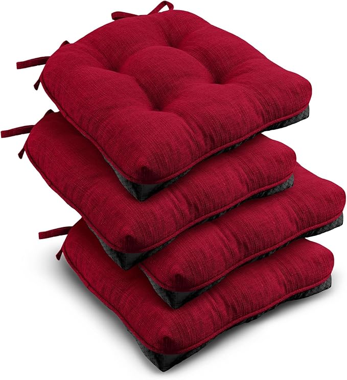 downluxe Indoor Chair Cushions for Dining Chairs, Tufted Overstuffed Textured Kitchen Chair Pads with Ties and Non-Slip Backing, 16.5" x 16.5" x 4", Red, 4 Pack