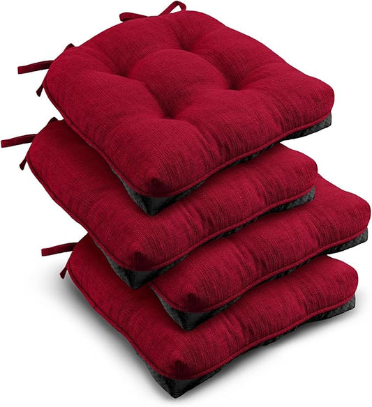 downluxe Indoor Chair Cushions for Dining Chairs, Tufted Overstuffed Textured Kitchen Chair Pads with Ties and Non-Slip Backing, 15.5" x 15.5" x 4", Red, 4 Pack