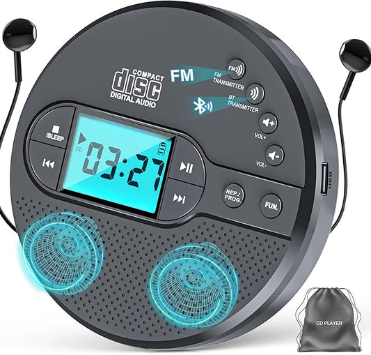Portable CD Player with 2000mAh Rechargeable Battery-Bluetooth Connect CD Player with 3.5mm Headphones Jack,FM Transmitter,LCD Screen,AUX,Built-in Speaker,USB MP3 Player, Anti-Shock Protection for Car