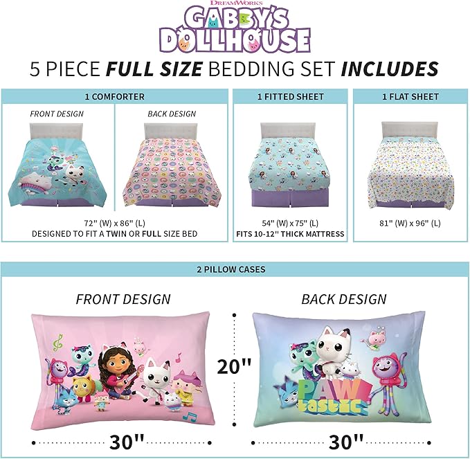 DreamWorks Gabby's Dollhouse Cakey, MerCat And Pandy Kids Bedding Super Soft Comforter And Sheet Set, 5 Piece Full Size, By Franco.